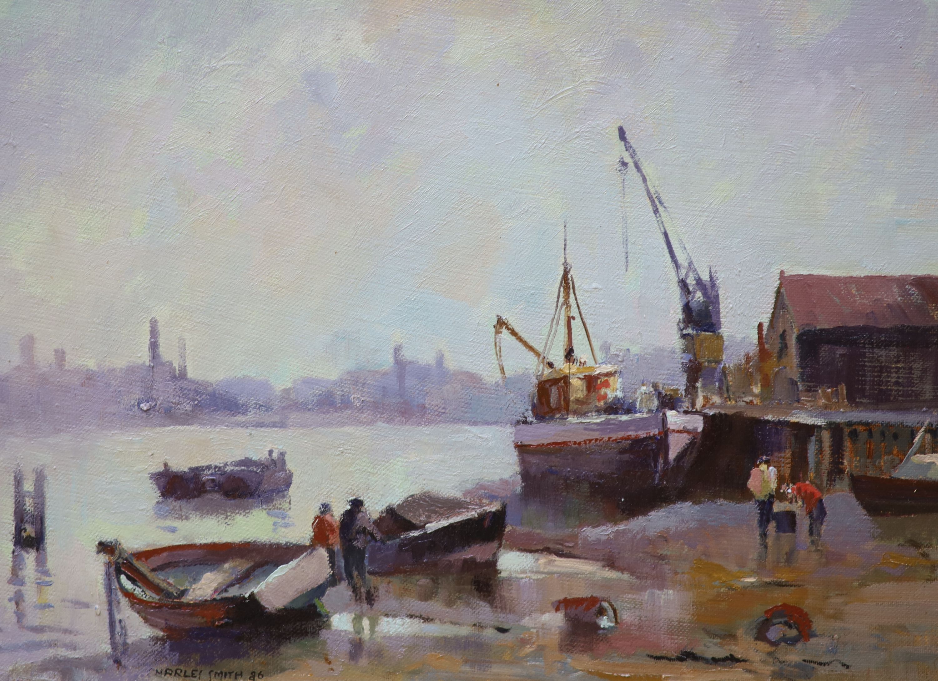 Charles Smith (Wapping Group), two oils on board, 'Bugbys, Greenwich Reach' and 'Barges at Pin Mill, Suffolk', signed 35 x 45cm